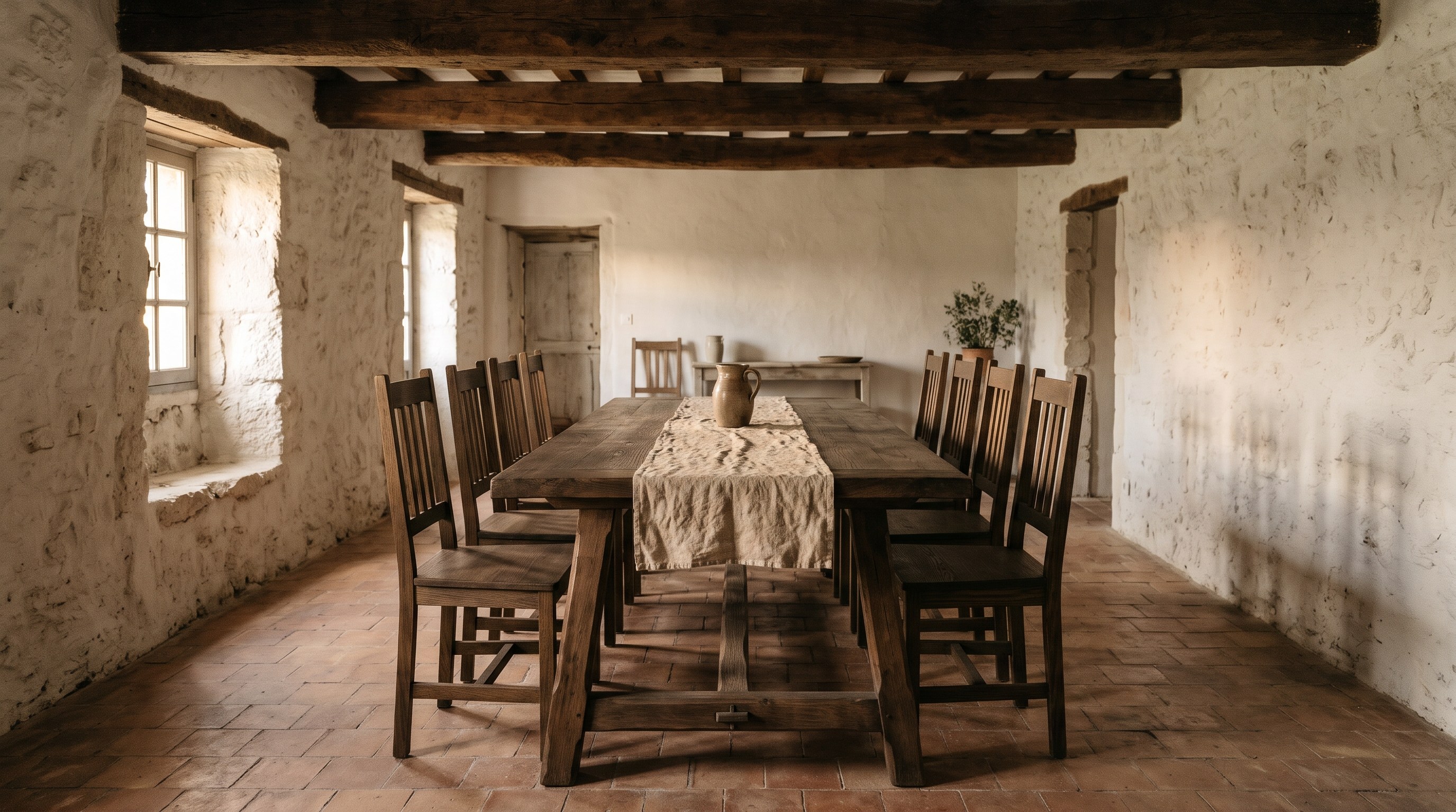 The Ménerbes table in smoked oak in a stone-walled dining room, ten Banon chairs around it